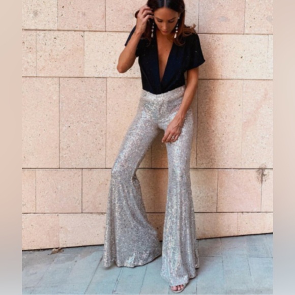 ZARA silver sequin flare pants size small - Picture 3 of 10